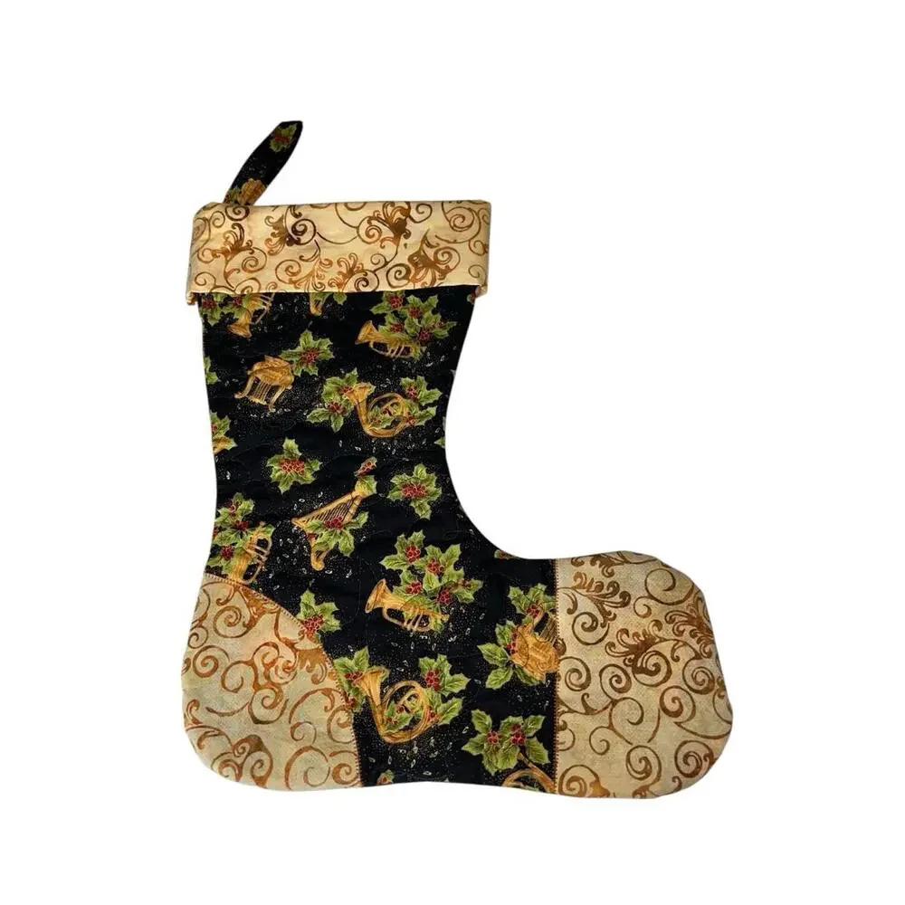 Handmade Quilted Christmas Stocking Holly Horns Gold Swirl Patchwork 16
